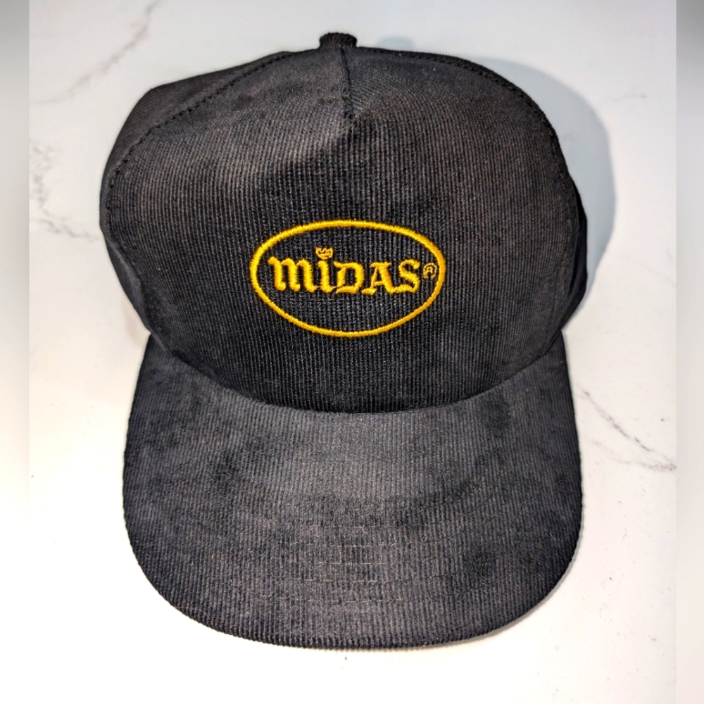 Vintage Midas 80s Corduroy Mesh Snapback Hat, Black Embroidered Truckers Cap